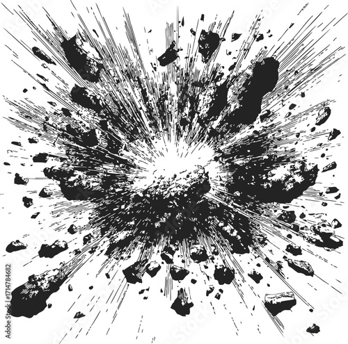 Explosion sketch hand drawn dynamic blast with debris and energy lines — stock vector