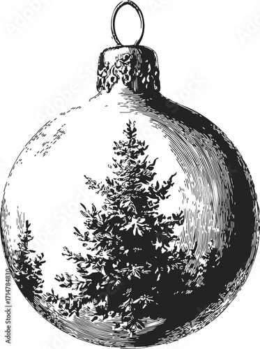 Christmas ornament sketch, hand drawn glass bauble with pine tree illustration — stock vector
