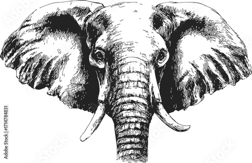 Elephant head sketch, hand drawn, detailed front view, realistic wild animal — stock vector
