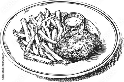 Fried chicken and French fries sketch, hand drawn on plate with dipping sauce — stock vector
