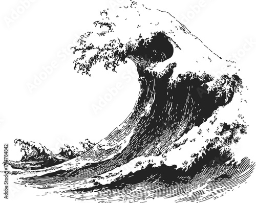 Ocean wave sketch hand drawn style dramatic cresting surf — stock vector