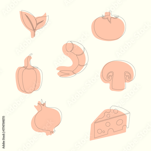 Hand-Drawn Organic & Line Art Pizza Ingredients Vector Set: Shrimp, Leaf, Cheese, Tomato, Bell Pepper, Mushroom & Onion Illustrations.