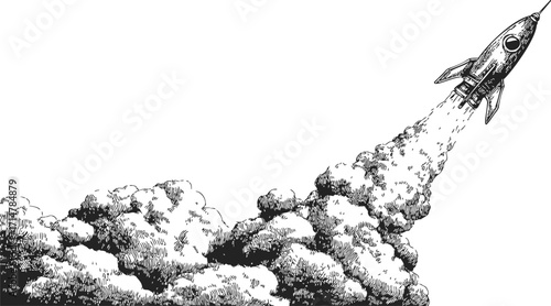 Rocket sketch hand drawn launching with smoke trail in white background — stock vector