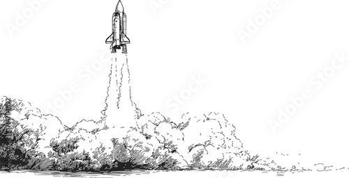 Rocket launch sketch, hand drawn style with smoke clouds and vertical ascent — stock vector