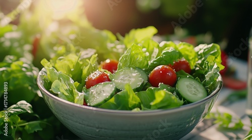 Fresh Salad With Tomatoes and Cucumbers in a Lush Garden Setting During Golde...