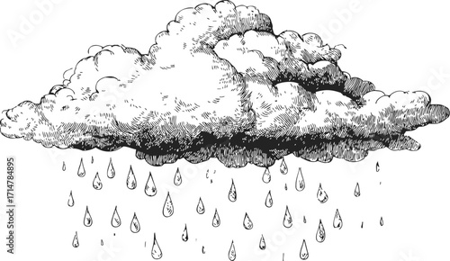 Rain cloud sketch, hand drawn style with detailed raindrops and textured shading — stock vector