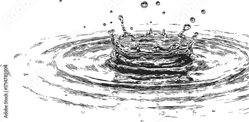 Water splash sketch, hand drawn style with ripples and droplets — stock vector