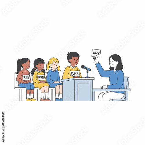 Illustration of children participating in a spelling bee with a teacher holding up a card.