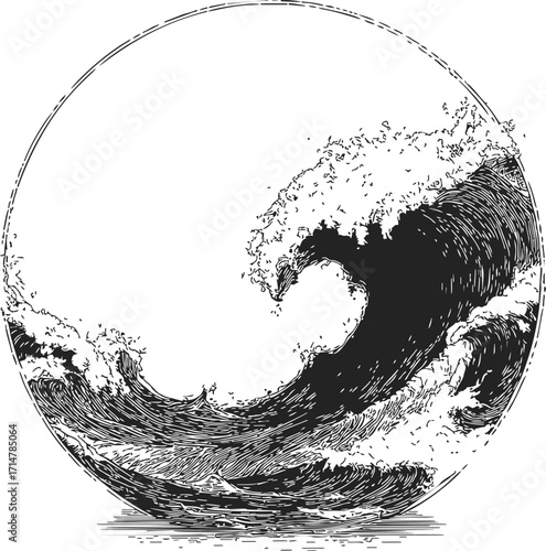 Ocean wave sketch hand drawn style in circular frame with detailed foam — stock vector