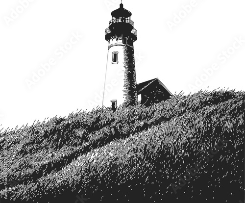 Lighthouse sketch hand drawn on grassy hill with detailed black and white shading — stock vector