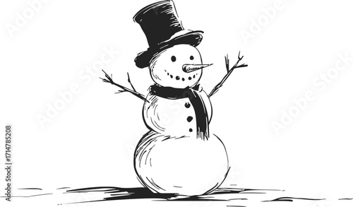 Snowman sketch hand drawn with top hat scarf and stick arms — stock vector