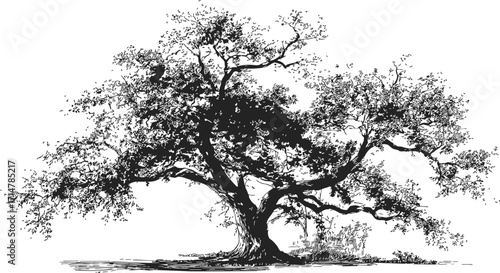 Oak tree sketch, hand drawn vector with sprawling branches and dense foliage — stock vector