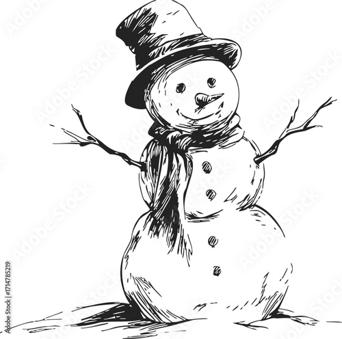 Snowman sketch hand drawn with hat scarf and stick arms on white background — stock vector