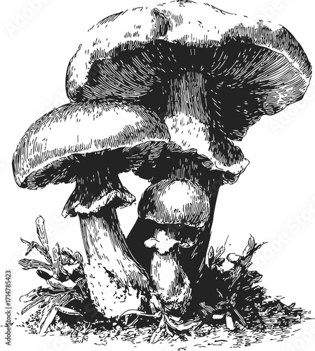 Mushrooms sketch hand drawn forest fungi with detailed gills and grass — stock vector