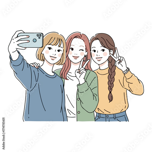 Three young women taking a selfie together smartphone photo