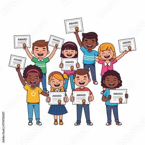 A diverse group of happy cartoon children proudly holding up their award certificates.