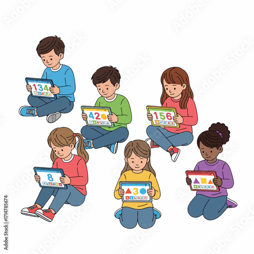 A diverse group of young children are sitting on the floor, each engrossed in learning on their individual tablets, displaying numbers and shapes.