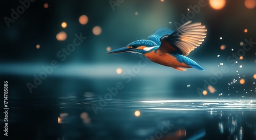 Brightly Colored Kingfisher in Mid-Flight Over a Shimmering Water Surface Dur...