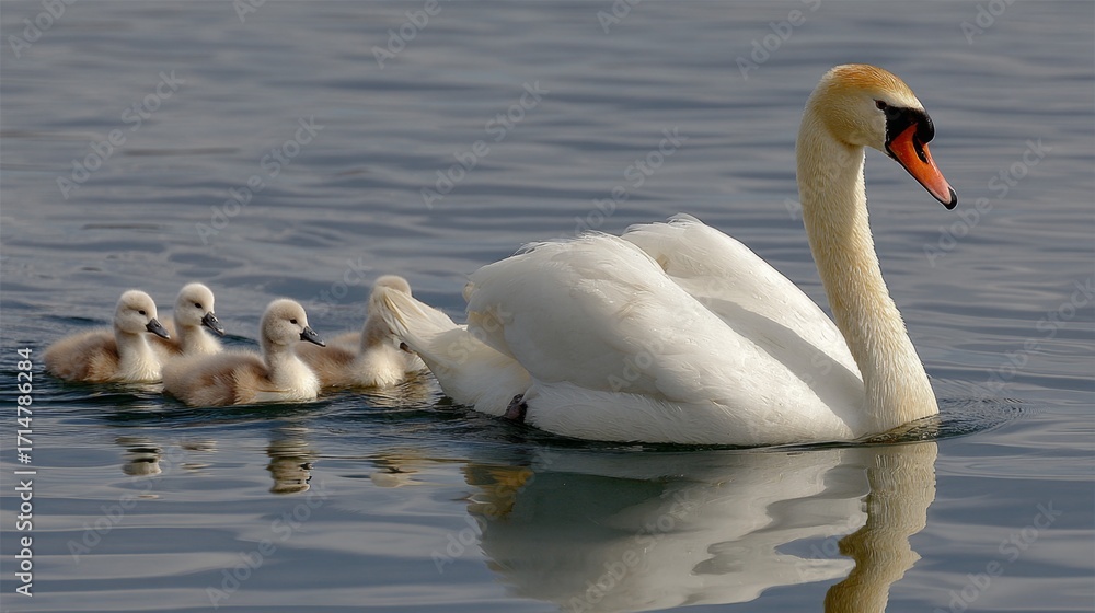 Obraz premium a mother swan swimming in the water with her three cygnets following closely behind. they are swimming near a lake shoreline and appear to be moving towards the right side of the frame