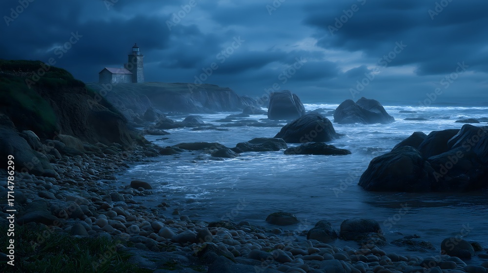 Obraz premium Haunting cliffside lighthouse over stormy sea with jagged rocks and dramatic Halloween sky
