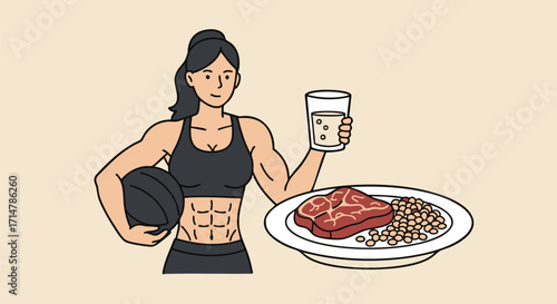 Athletic Woman with Muscle Definition Holding a Basketball and Healthy Meal