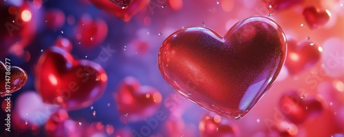 Beautiful Red Hearts Floating in a Colorful Background During a Romantic Cele...