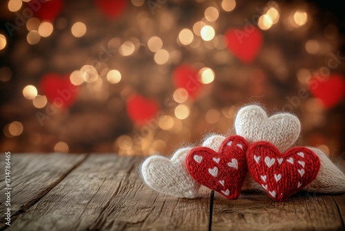 Decorative Knitted Hearts on Wooden Table With Blurred Background Lights for ...