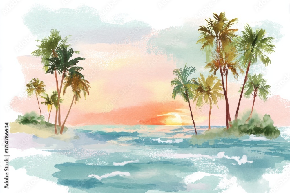 Fototapeta premium Watercolor Tropical Island with Palms and Sunset
