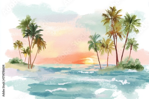 Watercolor Tropical Island with Palms and Sunset