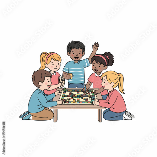 A diverse group of happy children playing a board game together around a small table, enjoying their leisure time.