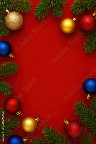Deep red background color, Christmas tree branches and Christmas toys along the borders