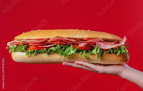 Hearty Sandwich With Fresh Ingredients Held Against a Vibrant Red Background.