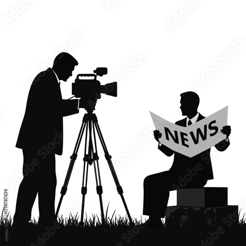 Silhouette of cameraman filming man reading news video camera
