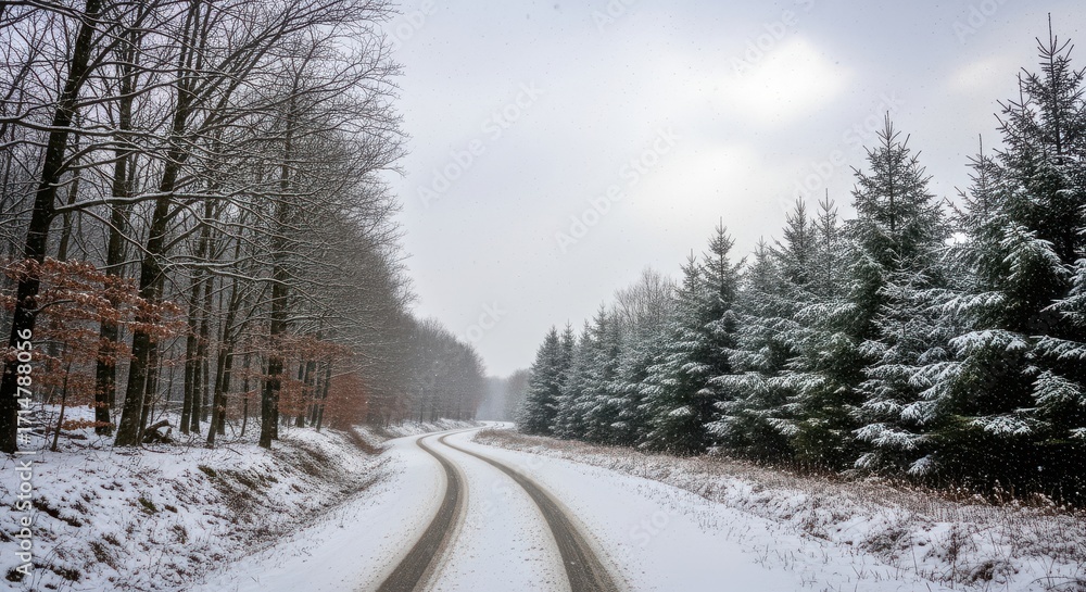 Fototapeta premium Snowy forest road with evergreen trees and bare branches