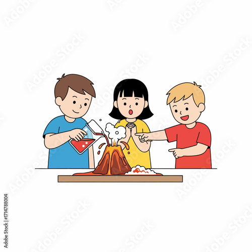 Three happy children conducting a science experiment with a model volcano erupting with white foam on a table.