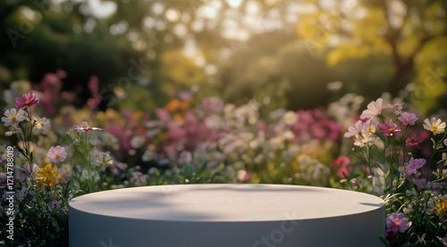 Colorful Garden Flowers Surrounding a Smooth Stone Pedestal in Soft Evening L...