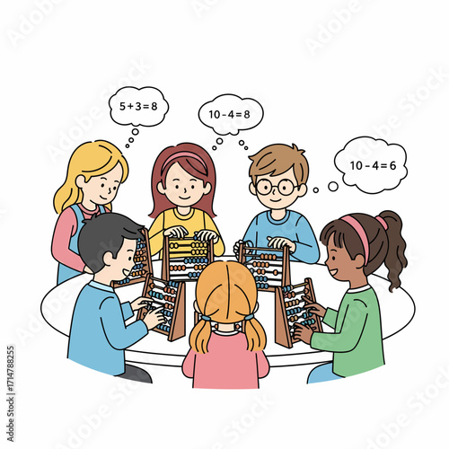 A diverse group of young students sit around a table learning arithmetic with abacuses.