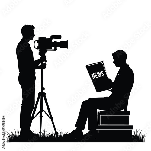 Silhouette of cameraman filming man reading newspaper