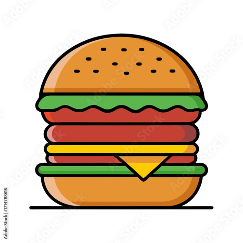 Stylized flat design icon of a delicious multi layered hamburger