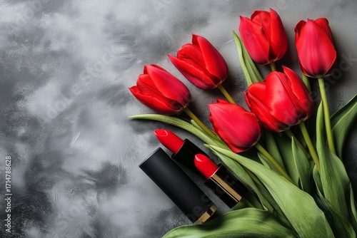 Bright Red Tulips and Lipstick on a Soft Gray Surface Create a Refreshing Spr...