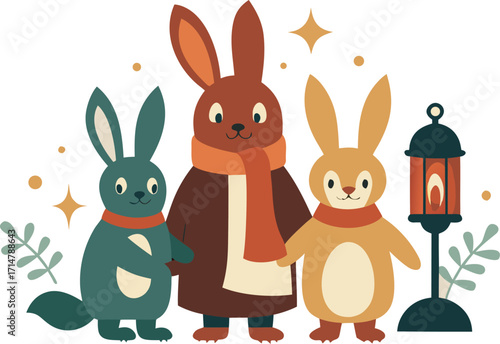 Three cute cartoon rabbits holding hands next to a lantern