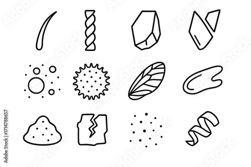 Trace Evidence Icons. Line style icons of trace evidence: hair strand icon, textile fiber, paint chip, glass shard, dust particle,