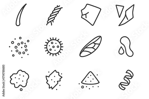 Trace Evidence Icons. Line style icons of trace evidence: hair strand icon, textile fiber, paint chip, glass shard, dust particle,