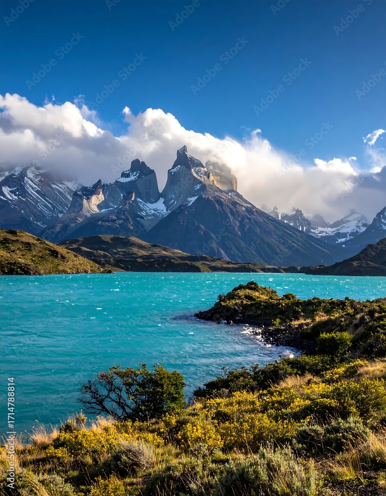 Obraz premium A vibrant turquoise lake nestled amongst towering snow-capped mountains under a dramatic sky filled with fluffy clouds.