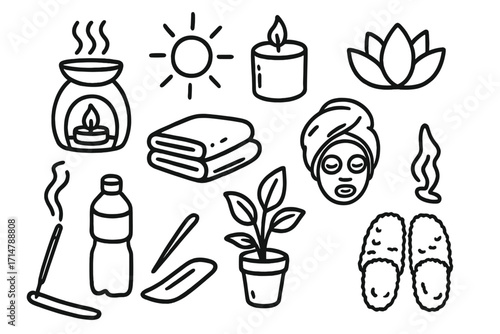 Wellness Doodle Icons. Self-care and wellness doodle set: hand drawn icons for relaxation, No text, No labels, isolated
