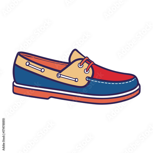 Colorful cartoon boat shoe with orange red and blue accents