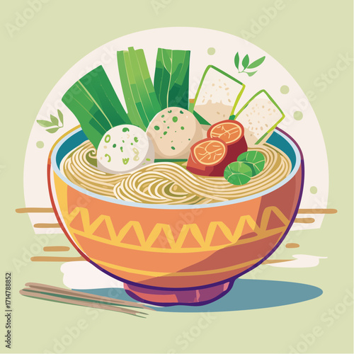 Minimalist Food Icon — Bakso Meatball Soup in Clean Geometric Vector Style