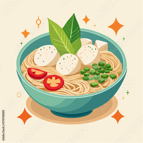Flat Vector Illustration of Indonesian Bakso Soup with Meatballs and Noodles