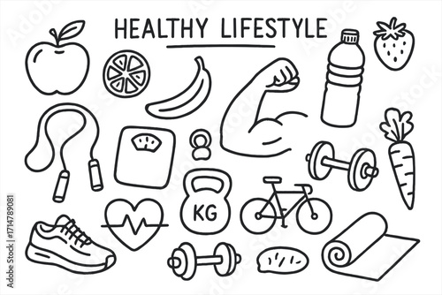 Fruits and Fitness Doodles. Healthy lifestyle doodle set: hand drawn icons of fruits and exercise, isolated transparent background