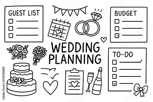 Wedding Planning Doodles. Wedding planning doodle set: hand drawn checklists and decor, isolated transparent background